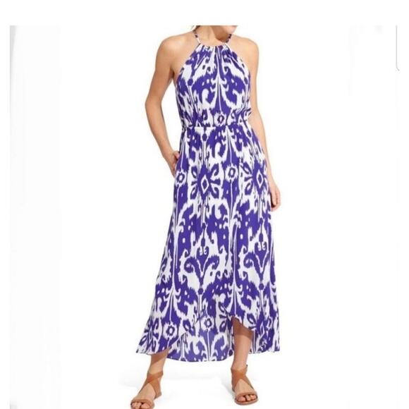 Athleta Women’s Sz XL Blue White Ikat Bloom Ripple Maxi Dress Back Tassels NWT - Picture 1 of 11